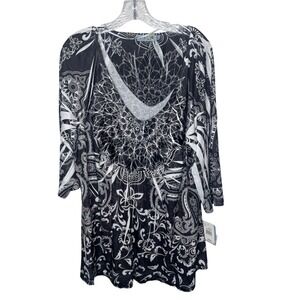 Unity World Wear Henna Print Tunic Top Black White 3X V-Neck 3/4 Sleeve Boho